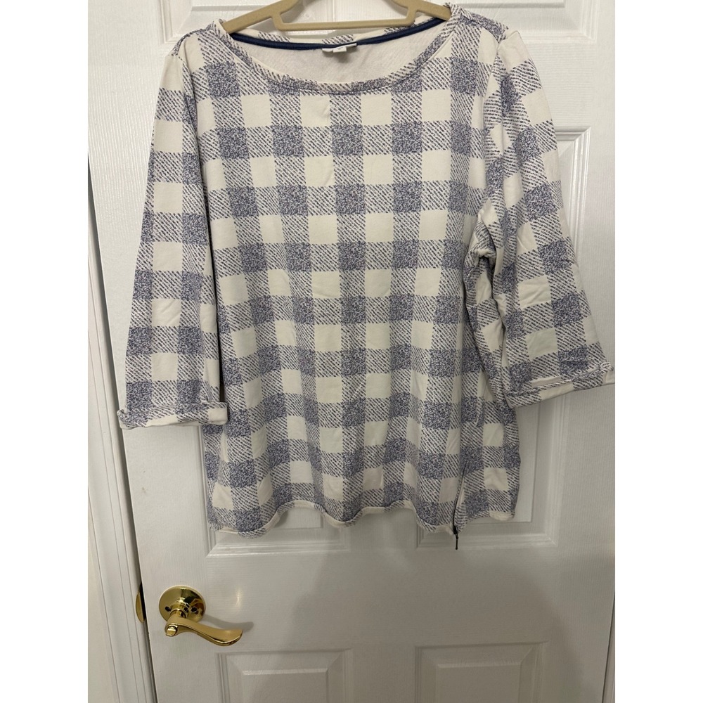 J. Jill Blue White Buffalo Check Plaid Side Zip Top XL Cotton Modal 3/4 Sleeve
